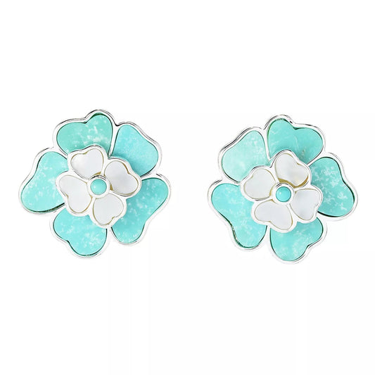 White Mother Of Pearl With Campitos Turquoise Flower Earrings, 925 Sterling Silver Stud Earrings, Everyday Jewelry, Gift For Her