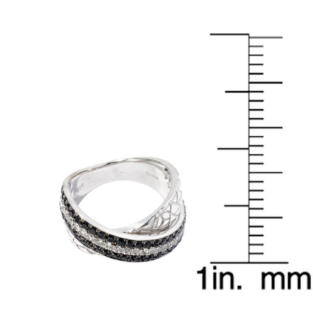 Pinctore Platinum o/Silver 1.46ctw Black Spinel & White Zircon Band Textured Ring, Size 7