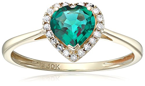 10k Yellow Gold Created Emerald And Diamond Solitaire Heart Halo Engagement Ring (1/10cttw, H-I Color, I1-I2 Clarity), Size 7