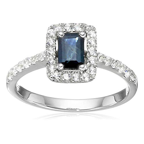 Pinctore Sterling Silver Blue Sapphire Created White Sapphire Halo Ring
