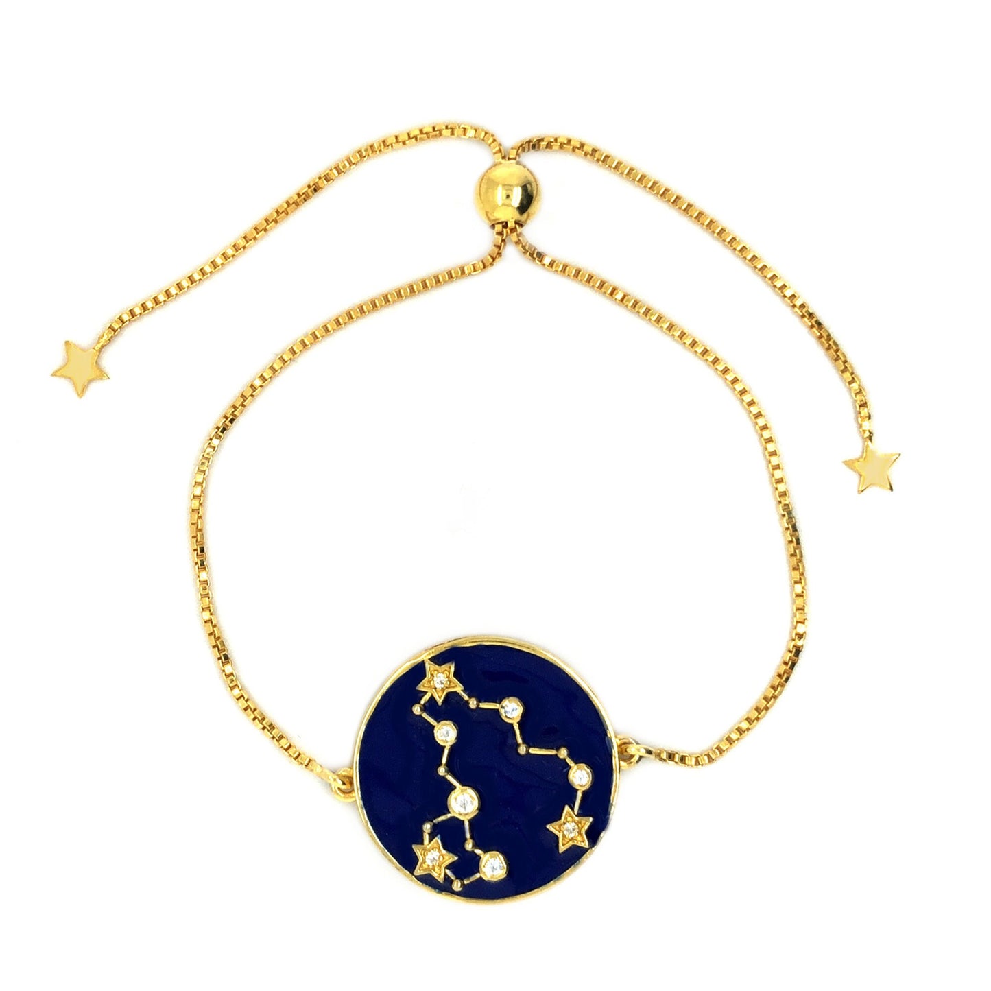 Natural White Zircon And Blue Enamel Zodiac Constellation, 925 Sterling Silver Over Gold Plated Circle Bolo Bracelet, Gift For Her