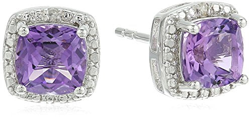 Sterling Silver Cushion Amethyst and Diamond Accented Halo Stud Earrings