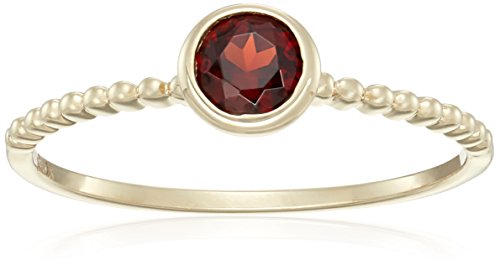 10k Yellow Gold Red Garnet Solitaire Beaded Shank Stackable Ring, Size 7