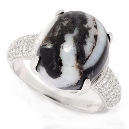 Pinctore Sterling Silver Oval White Buffalo Calcite Quartz & White Topaz Ring