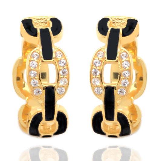 Natural White Zircon Gemstone Earrings, 925 Sterling Silver Over Gold Plated With Black Enamel Hoop Earrings, Gift For Her