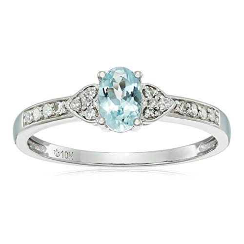 Pinctore 10k White Gold Aquamarine Oval and Diamond Solitaire Ring