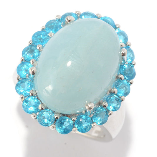 Pinctore SS/ 16x12mm Oval Milky Aquamarine & Neon Apatite Solitaire w/ accent Ring