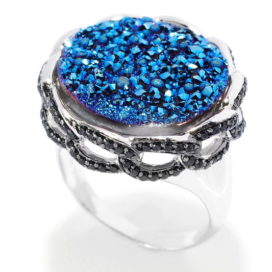 Pinctore 925 Sterling Silver Black Spinel,Blue Drusy Ring