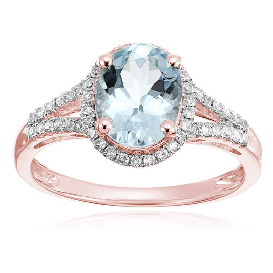 10Kt Rose Gold Aquamarine, Diamond Ring