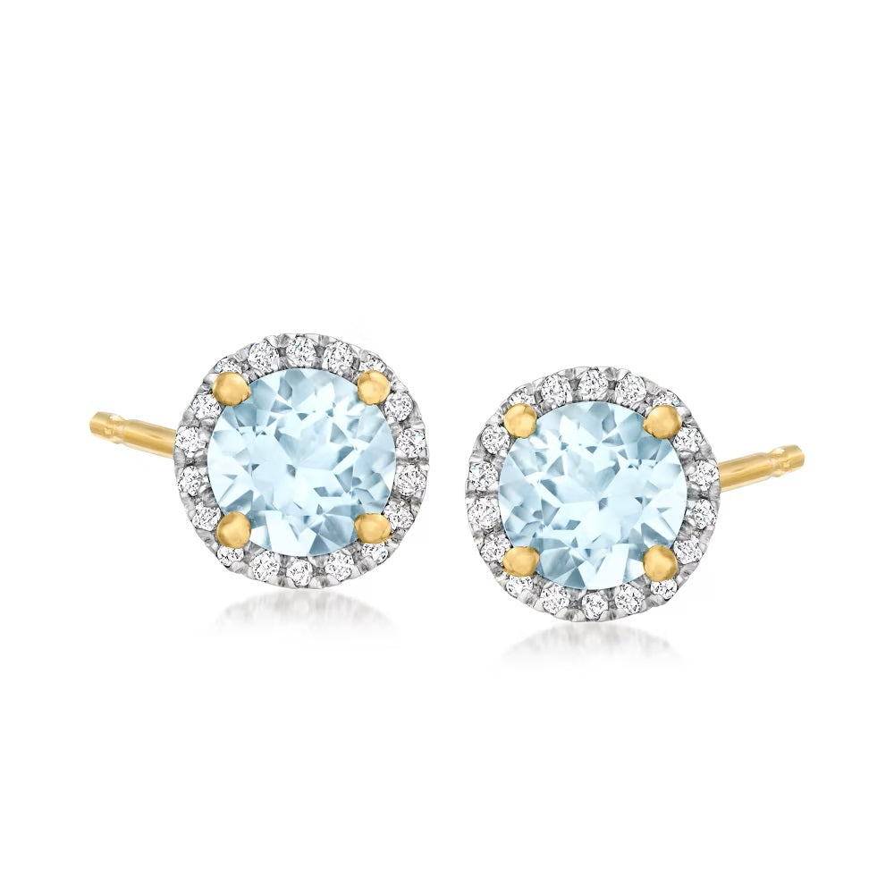 14K Yellow Gold Aquamarine, Diamond Gemstone Studs Earrings