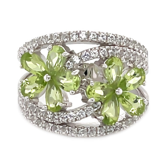 925 Sterling Silver Peridot, Created White Sapphire Ring