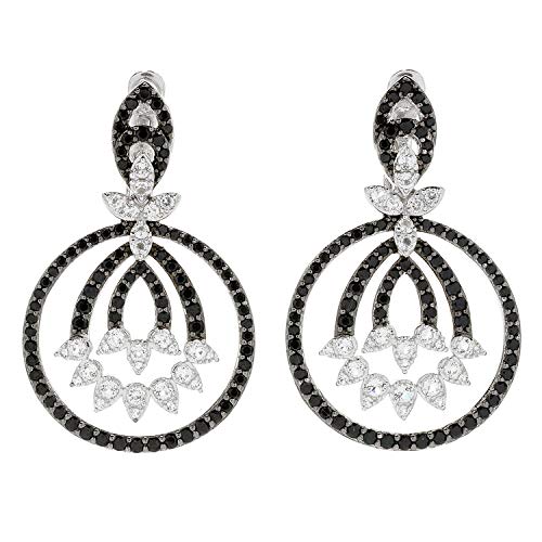 Pinctore Rhodium Over Sterling Silver 4.3ctw White Topaz & Black Spinel Drop Earrings