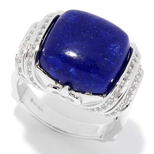 Pinctore Sterling Silver 14mm Cushion Shaped Lapis & White Zircon Ring