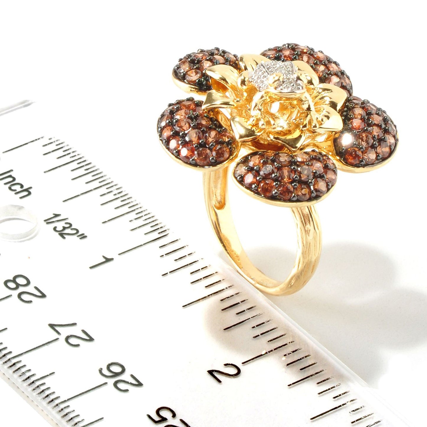 Pinctore Yellow Gold Plating Over Sterling Silver, Brown Zircon and Diamond " Flower "Rings