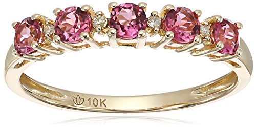 10k Yellow Gold Pink Tourmaline and Diamond Accented Stackable Ring, Size 7