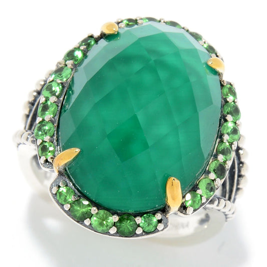 925 Sterling Silver Green Agate and Tsavorite Gemstone Solitaire Ring