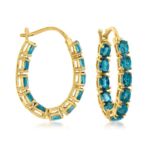 18K Yellow Gold Plated Over Sterling Silver London Blue Topaz Gemstone Hoop Earrings