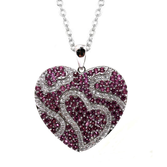 Natural Rhodolite Garnet With White Zircon Gemstone Pendant, 925 Sterling Silver Heart Shaped Pendant, Anniversary Gift, Gift For Her