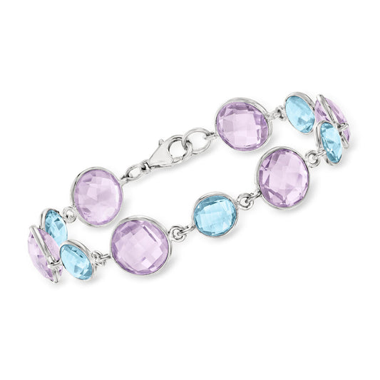 925 Sterling Silver African Amethyst, Sky Blue Topaz Gemstone Chain & Link Bracelet