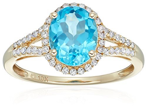 10k Yellow Gold Swiss Blue Topaz and Diamond Oval Halo Engagement Ring (1/5cttw, H-I Color, I1-I2 Clarity), Size 7