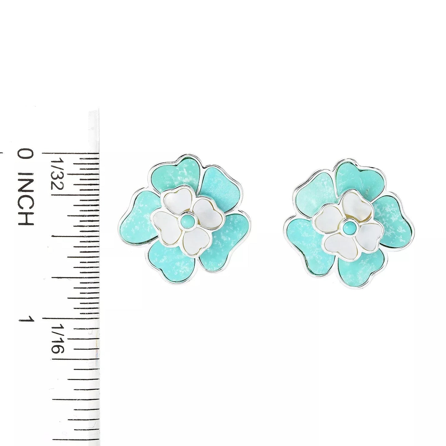 White Mother Of Pearl With Campitos Turquoise Flower Earrings, 925 Sterling Silver Stud Earrings, Everyday Jewelry, Gift For Her