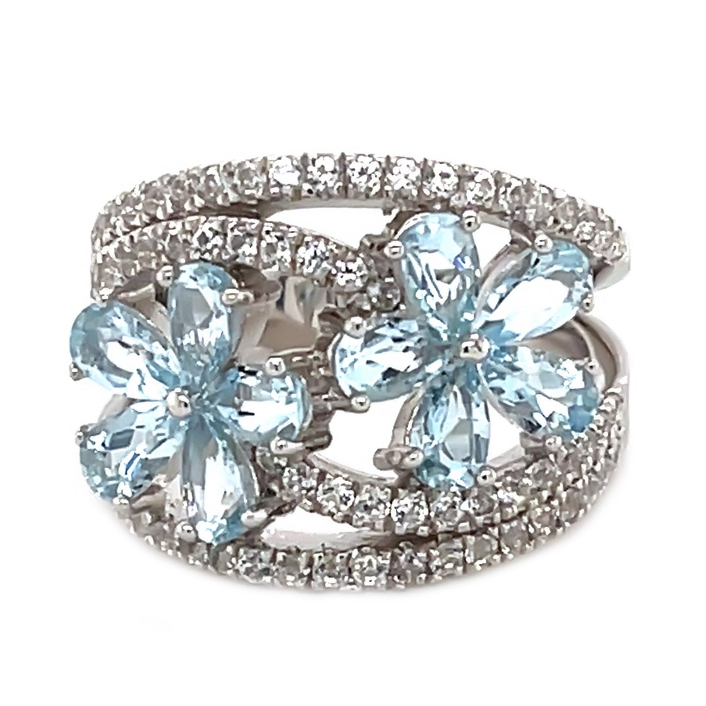 925 Sterling Silver Aquamarine, Created White Sapphire Ring
