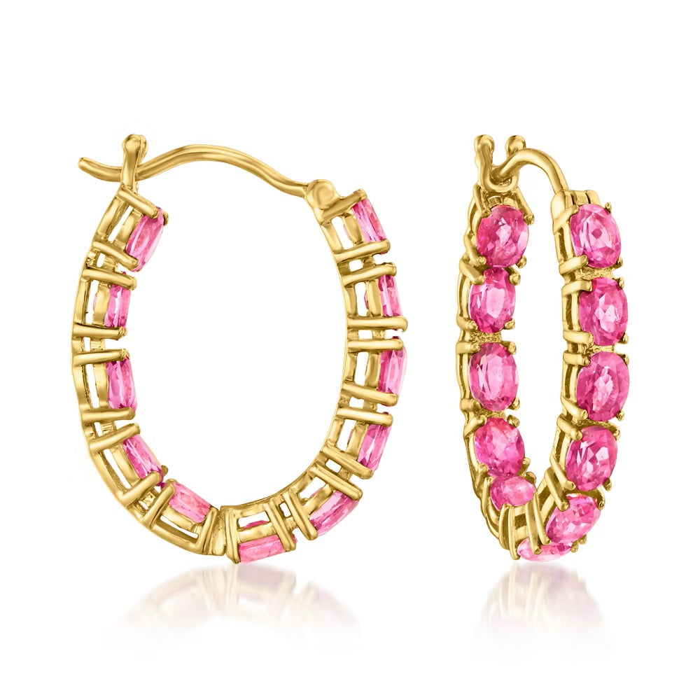 Yellow Over 925 Sterling Silver Pink Tourmaline Hoop Earrings