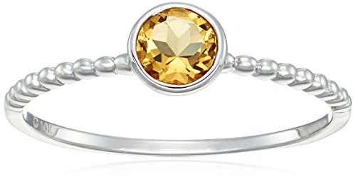 10k White Gold Citrine Solitaire Beaded Shank Stackable Ring, Size 7