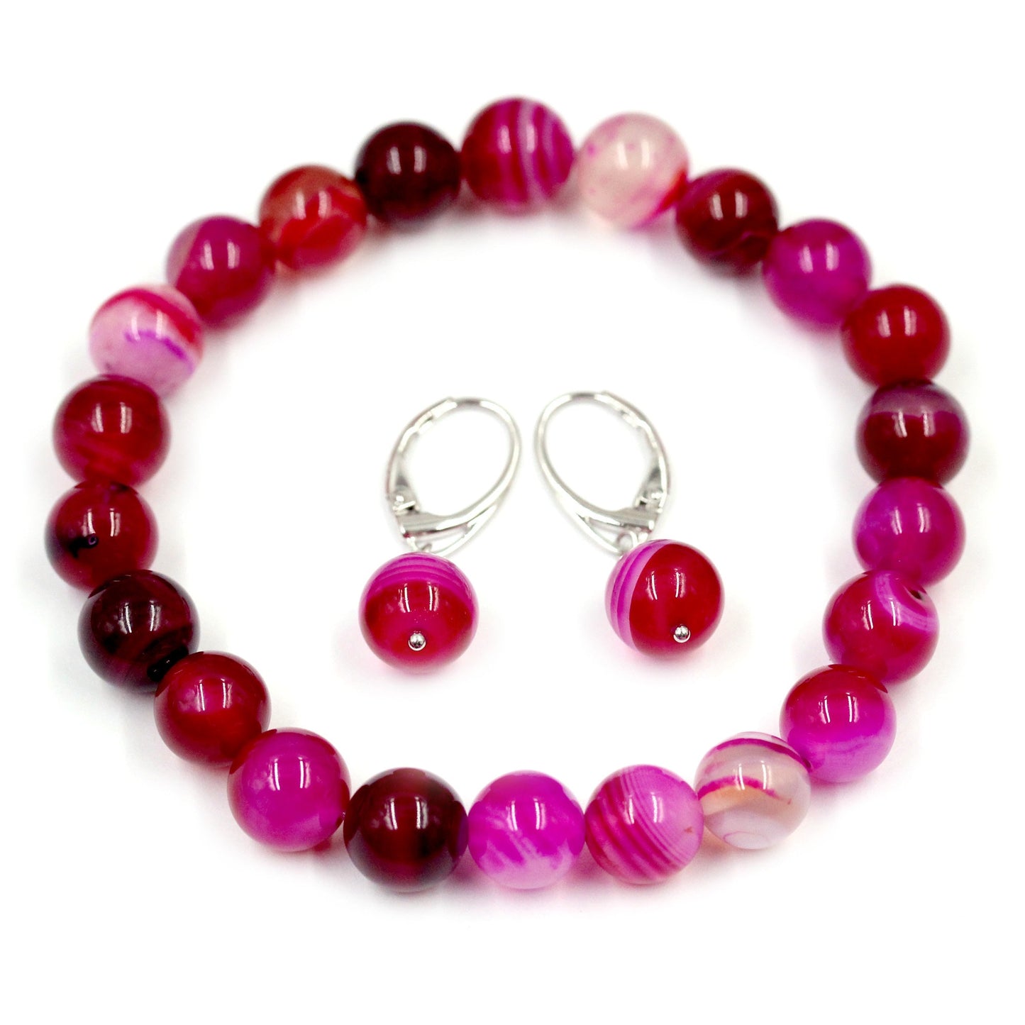 Natural Pink Agate Beads Bracelet With Earring Set, Boho Jewelry Set, Natural Gemstone Jewelry, Jewelry For Women's Anniversary Gift For Her