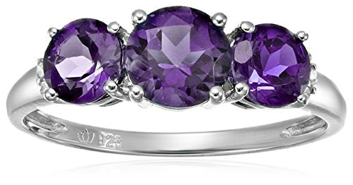 Sterling Silver African Amethyst and Diamond Accented 3-stone Engagement Ring, Size 7