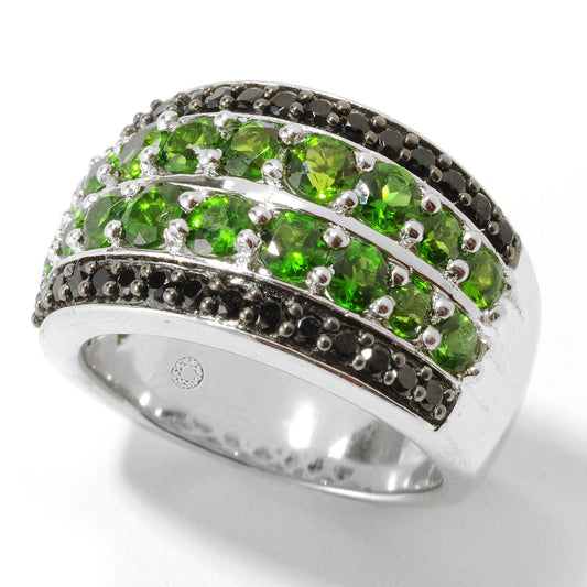 Pinctore Sterling Silver 2.52Ctw Chrome Diopside & Black Spinel Broad Band Ring