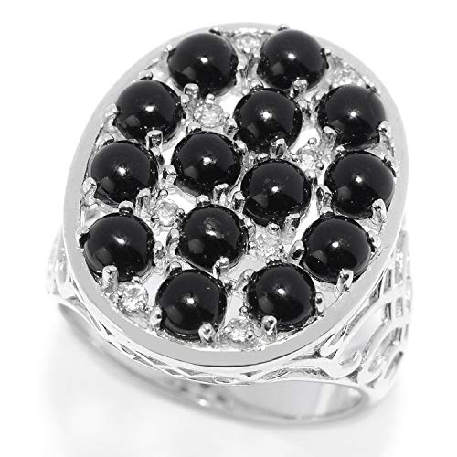 Pinctore Sterling Silver Black Onyx & White Topaz Oval Shaped Ring