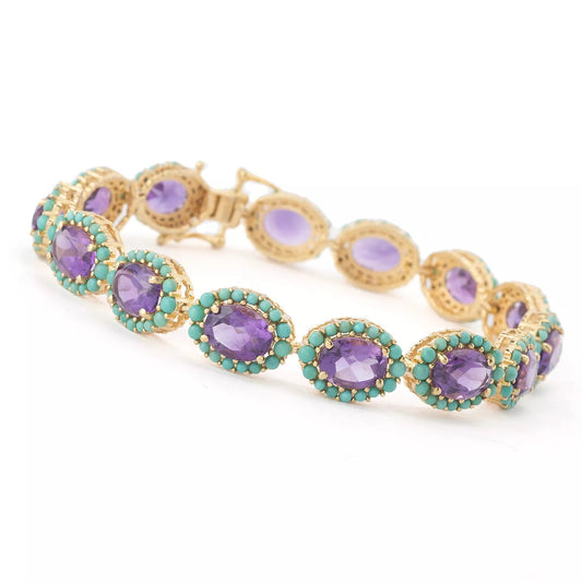 Yellow Gold Plated Over Sterling Silver African Amethyst And Sky Blue Topaz Gemstone Bracelets