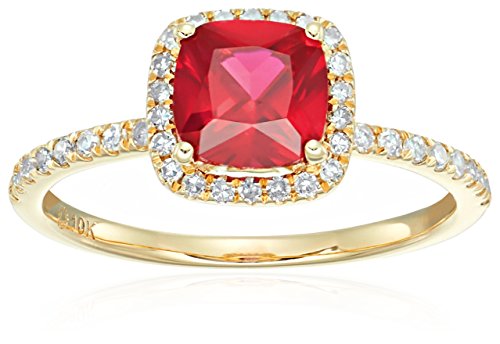 10k Yellow Gold Created Ruby and Diamond Cushion Halo Engagement Ring (1/4cttw, H-I Color, I1-I2 Clarity), Size 7