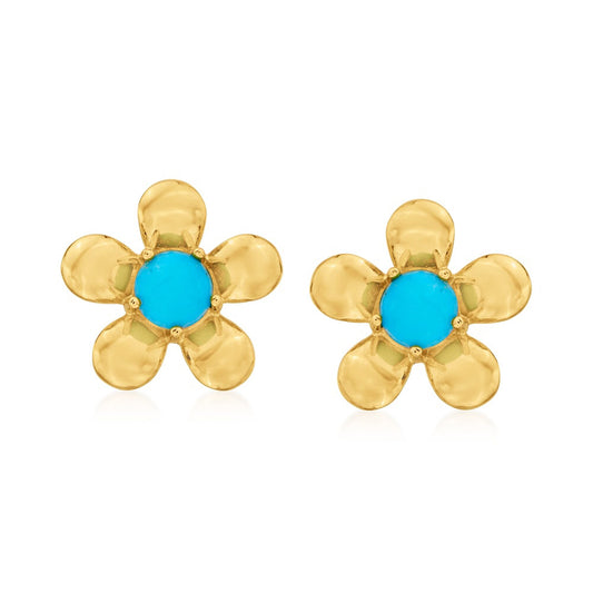 Sleeping Beauty Turquoise Flower Earrings, 925 Sterling Silver Over Gold Plated Stud Earrings, Everyday Jewelry, Birthday Gift, Gift For Her