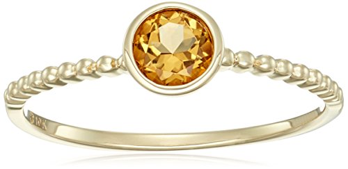 10k Yellow Gold Citrine Solitaire Beaded Shank Stackable Ring, Size 7