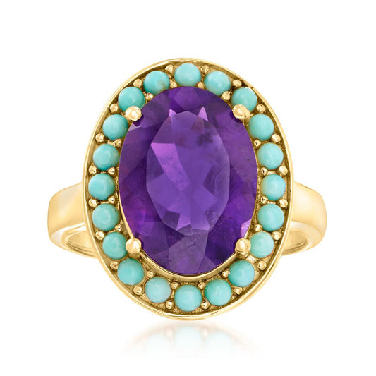 925 Sterling Silver Ring Natural African Amethyst with Campitos Turquoise Ring Birthstone Jewelry Wedding Gift For Her