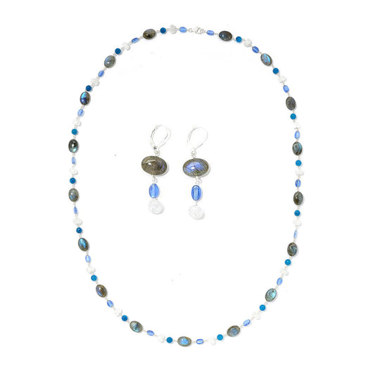 925 Sterling Silver Rainbow Moonstone,Kyanite,Labradorite,Blue Agate Necklace