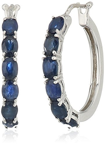 Sterling Silver Genuine Blue Sapphire Oval Hoop Earrings, 3/4"
