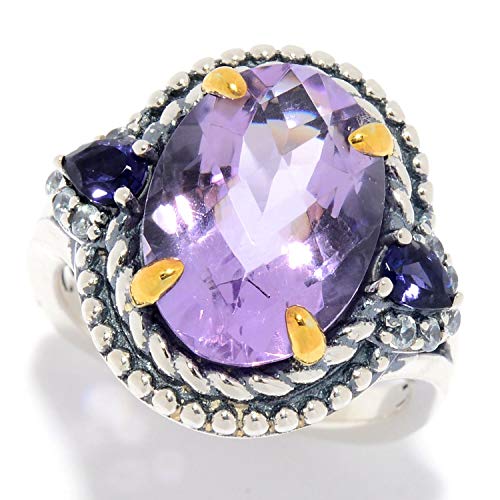 925 Sterling Silver Pink Amethyst,Iolite,White Natural Zircon Ring