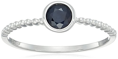10k White Gold Genuine Blue Sapphire Solitaire Beaded Shank Stackable Ring, Size 7