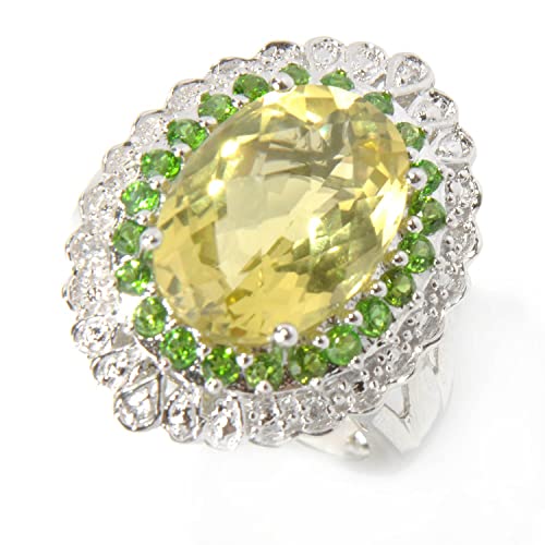 Pinctore Sterling Silver 5.94ctw Lemon Quartz and Chrome Diopside Cocktail Ring, Size 7