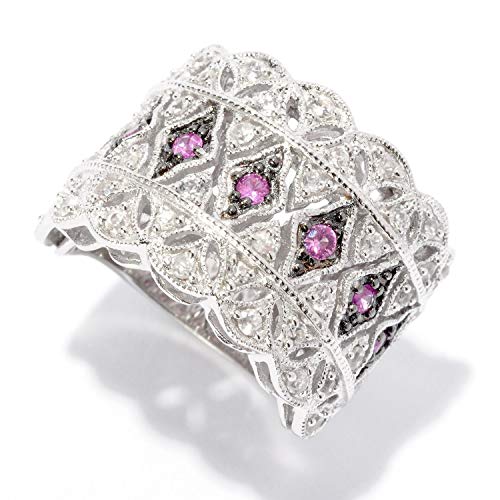 Pinctore Sterling Silver 0.95ctw Pink Sapphire & White Zircon Broad Band Ring, Size US7