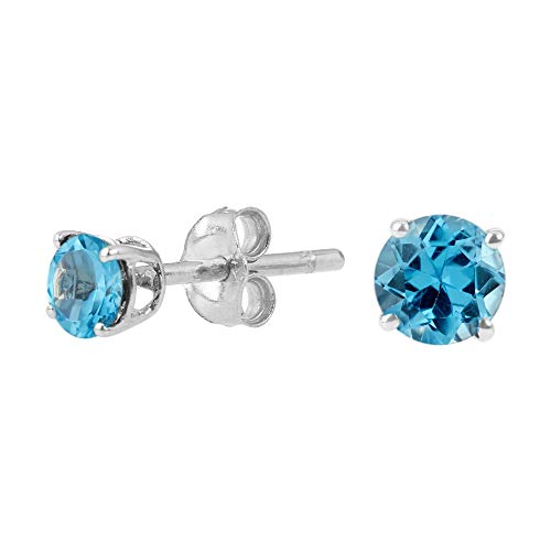Sterling Silver Round Gemstone Birthstone Stud Earrings-Swiss Blue Topaz