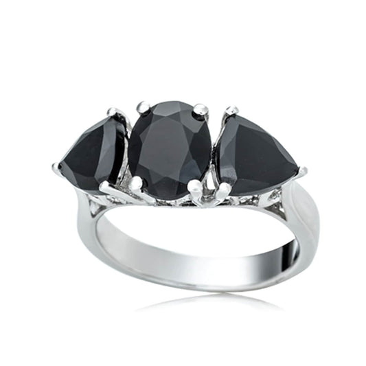 925 Sterling Silver Black Spinel 3-Stone Ring