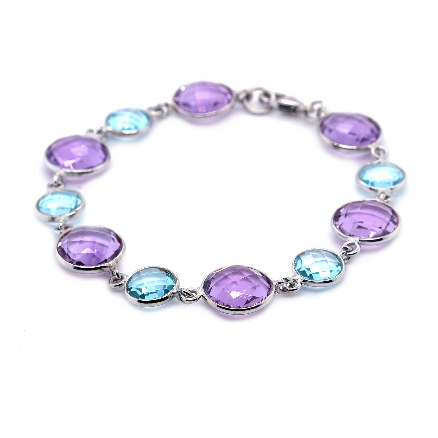 925 Sterling Silver African Amethyst, Sky Blue Topaz Gemstone Chain & Link Bracelet