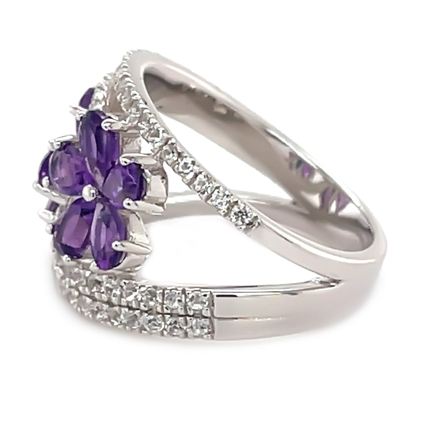 925 Sterling Silver Created White Sapphire, African Amethyst Ring
