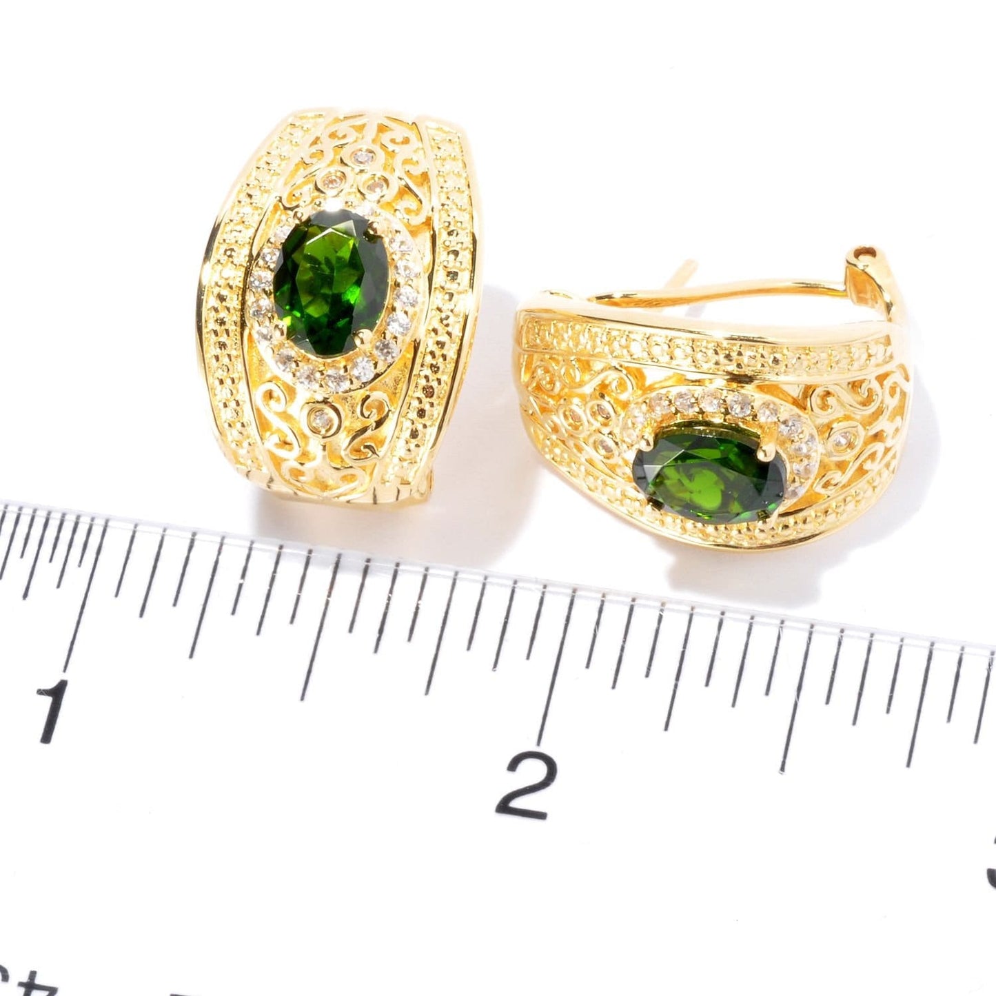 Yellow Gold Over Sterling Silver Chrome Diopside, White Zircon Gemstone Huggies Earring