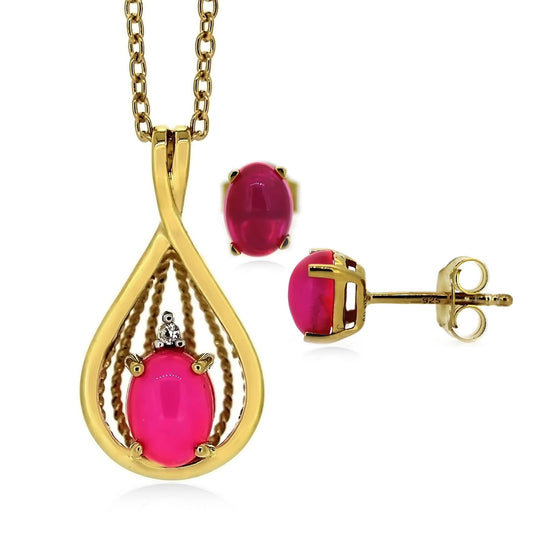 18k Yellow Gold Plated Over Sterling Silver Pink Ethiopian Opal Gemstone Earrings & Pendant Sets