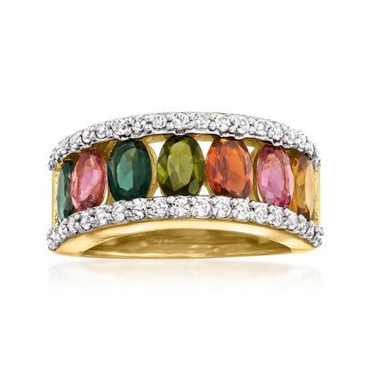 18k Yellow Gold Plated Over Sterling Silver, Pink Topaz And White Topaz Gemstone Band Rings